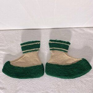 Vintage Handmade Green Beige Crochet Knit Slippers Cottagecore Grandma